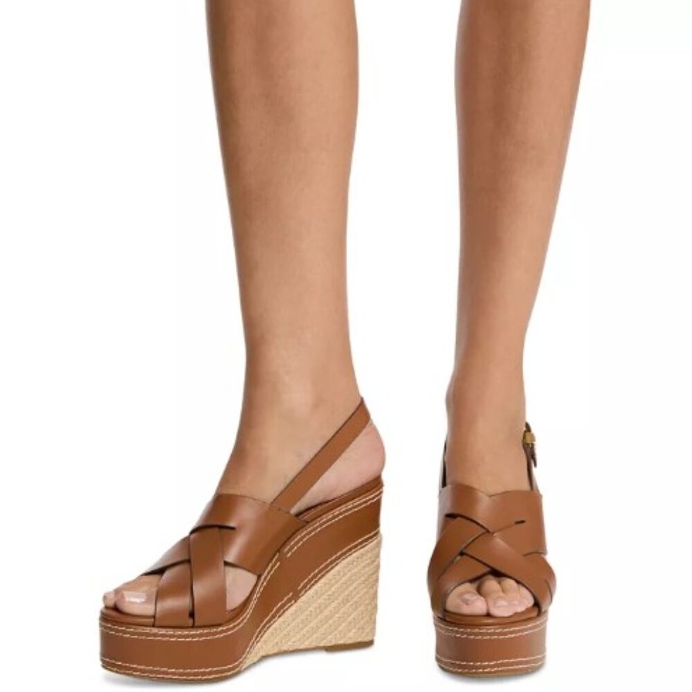 NWT Michael Kors Nora Wedge Leather Sandals 7 MSRP $150 Luggage - Picture 5 of 5